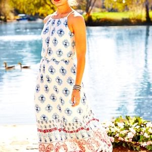 Maurices White with Blue/Pink Print Halter Top Maxi Dress, XL